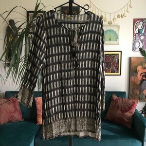 ROCK FLOWER PAPER size M / L Green Indian Block Print Boho Tunic Top Tasseled